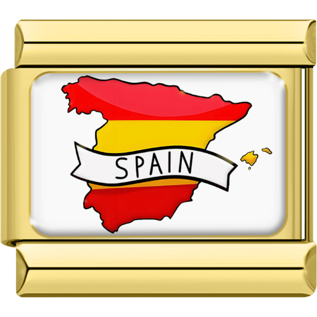 Gold-bordered Italian charm showing the shape of Spain in red and yellow flag colors, including the Balearic Islands, with a banner that says “Spain.”